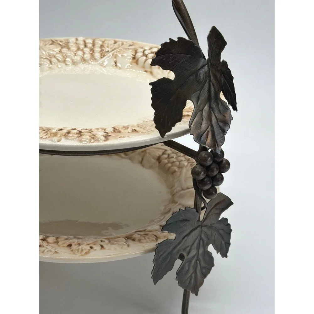 Euro Ceramica 2 Tier Serving Stand Grape Vine Embossed Ceramic Plates Metal Rack